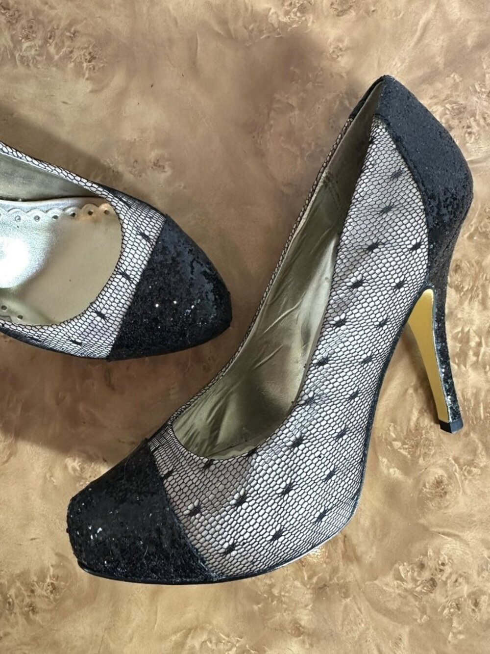 Lulu Townsend Black Glitter Cap Toe Fishnet Mesh Stiletto Pumps Women's 7.5M